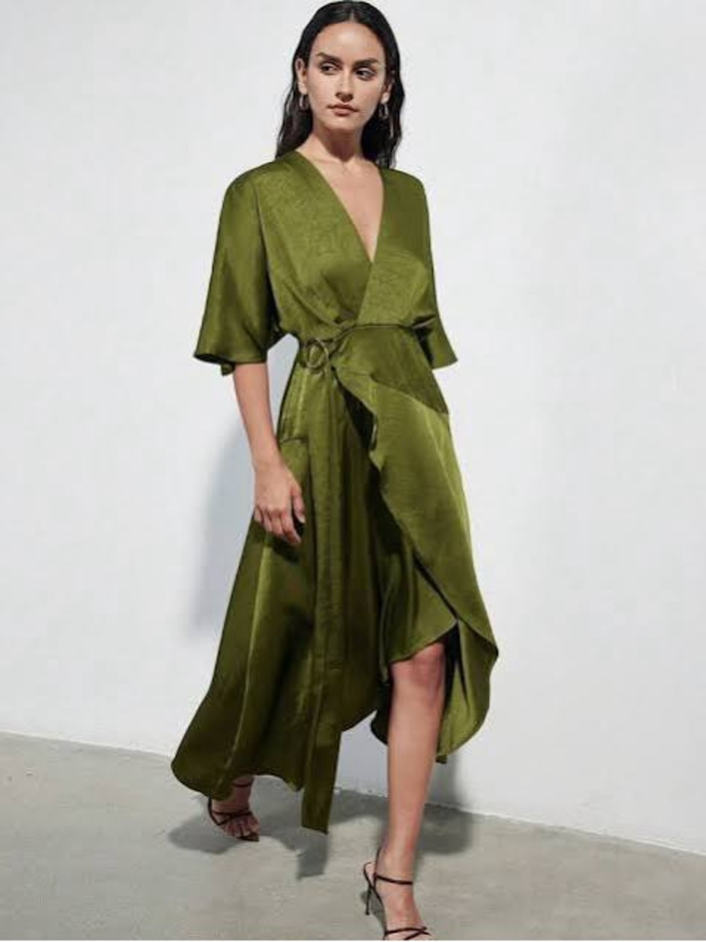 Zara Olive Green High-Low Wrap Dress